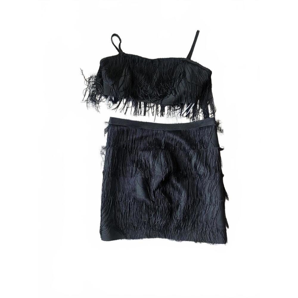 Chic Black Fringe Two-Piece Set by the way. - Size XL